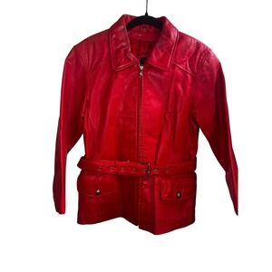 Vtg 90s Sz M Cherry Red Leather Cropped Belted Motorcycle Zip Up Jacket Y2K